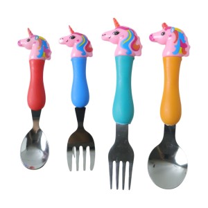 Unicorn Theme Kids Spoon and Fork Set 4 Pc Stainless Steel Cutlery Set with Cartoon Handle Design for Children Lunch Dinner and School Tiffin Use