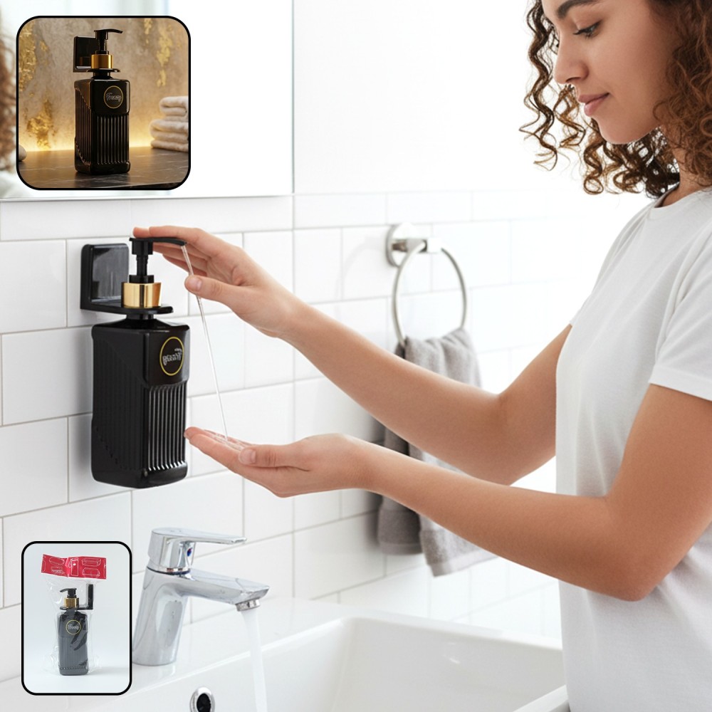 Frenzy Liquid Handwash Dispenser Bottle, Wall-Mounted Pump for Soap, Sanitizer, and Dish Soap, Modern Design with Sleek Black and Gold Finish for Bathroom and Kitchen (1 Pc)