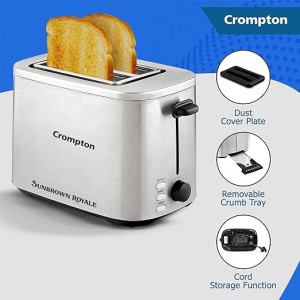 Crompton SunBrown Royale Pop-up Toaster 800W with Bun Warming Rack | 7 Browning Levels with Reheat, Defrost & Cancel Function | Removable Crumb Tray & Dust Cover Plate | Premium SS Body