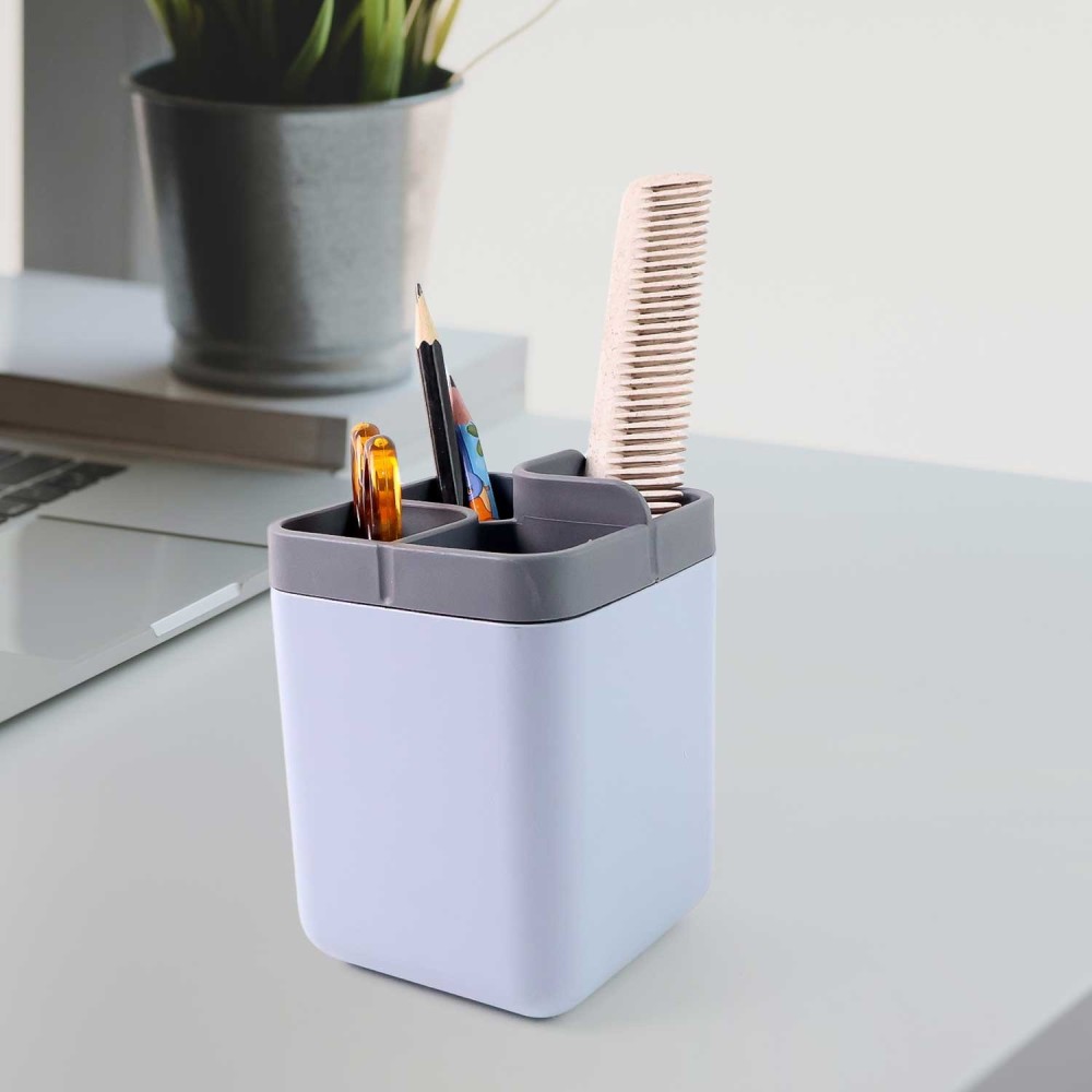 Multi-Compartment Desk Organizer Utility Holder – 4-Section Plastic Storage Container for Pens, Brushes, Combs, Makeup & Office Supplies – Durable & Space-Saving Design – 1 Pc