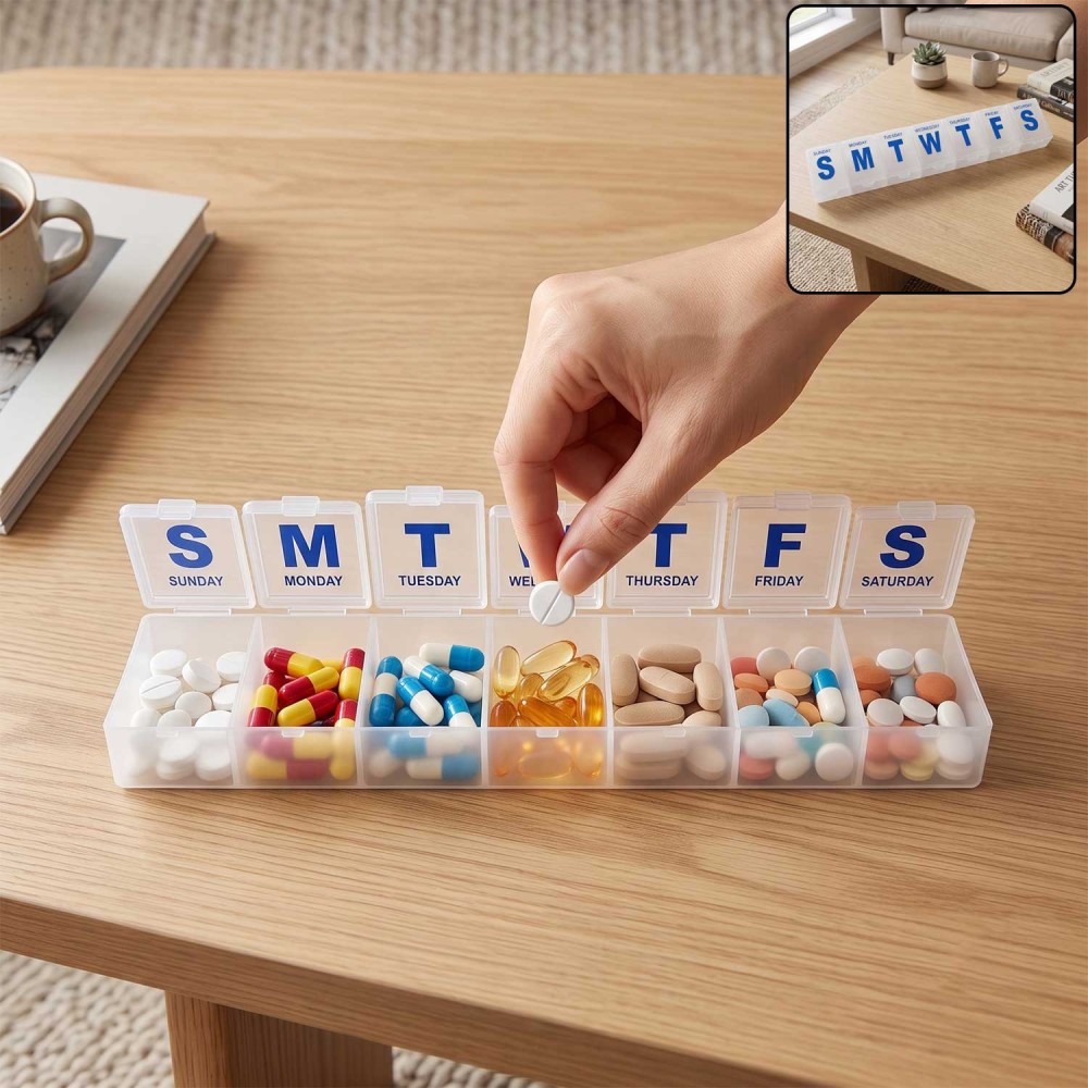 7 Day Weekly Plastic Pill Box Organizer with Daily Flip Compartments - Portable Medicine Tablet Vitamin Storage Case for Home Travel and Daily Medication Management (1 Pc)